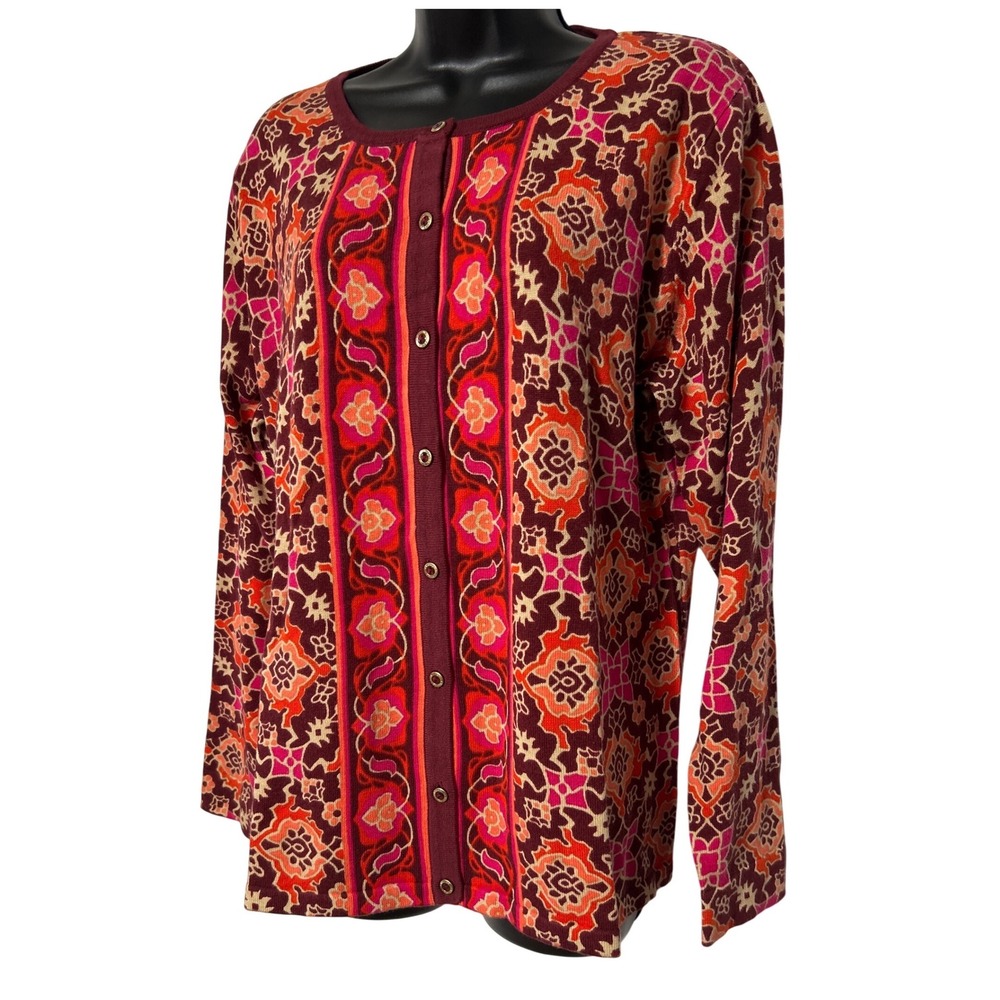 Isaac Mizrahi Live Womens Cardigan Sweater L Burgundy Orange Medallion Cotton